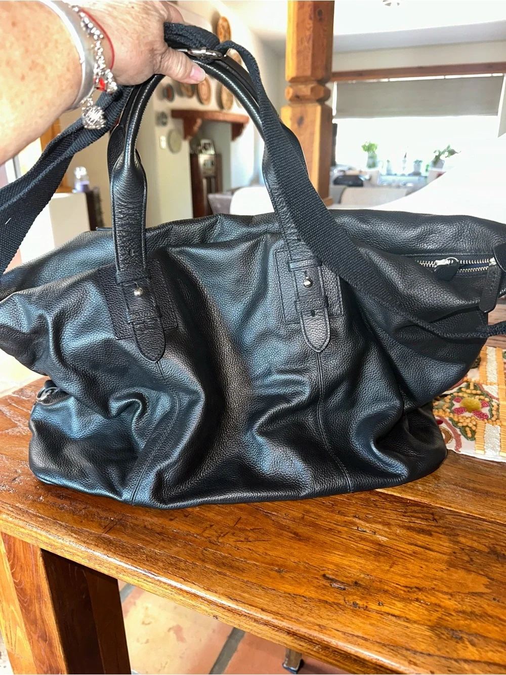 Cole Haan Black Pebbled Leather Duffel Bag with Shoulder Strap